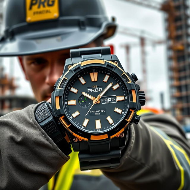 A construction worker wearing a tactical watch in a stylish black and gold color scheme, prominently featuring the word 'PROG' on the dial