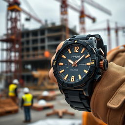 A construction worker wearing a tactical watch in a stylish black and gold color scheme, prominently featuring the word 'PROG' on the dial