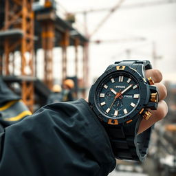A construction worker wearing a tactical watch in a stylish black and gold color scheme, prominently featuring the word 'PROG' on the dial