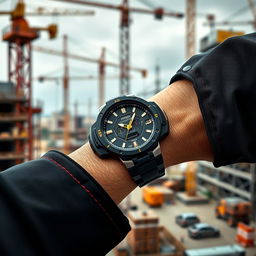 A construction worker wearing a tactical watch on their wrist, designed in a striking black and gold color scheme, prominently featuring the word 'PROG' on the dial