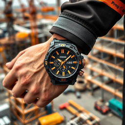 A construction worker wearing a tactical watch on their wrist, designed in a striking black and gold color scheme, prominently featuring the word 'PROG' on the dial