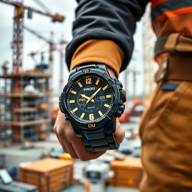 A construction worker wearing a tactical watch on their wrist, designed in a striking black and gold color scheme, prominently featuring the word 'PROG' on the dial