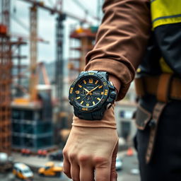 A construction worker wearing a tactical watch on their wrist, designed in a striking black and gold color scheme, prominently featuring the word 'PROG' on the dial
