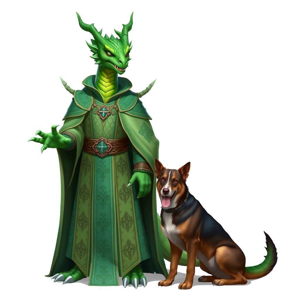 An emerald dragonborn cleric character featuring a striking dragon head with vibrant green scales and sharp claws for hands, dressed in ornate cleric robes that reflect its mystical nature