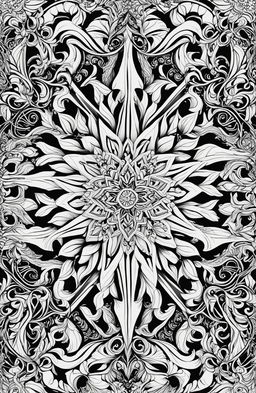 This is a high-quality, intricate snowflake design for a coloring book page, inspired by the style of artist Tim Jeffs