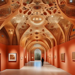 Design an exhibition area in an art museum, filled with captivating display objects and artifacts. The space has a flat Khatamband ceiling design, infusing the area with ornate, cultural elegance.