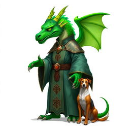 An emerald dragonborn cleric character featuring a striking dragon head with vibrant green scales and sharp claws for hands, dressed in ornate cleric robes that reflect its mystical nature