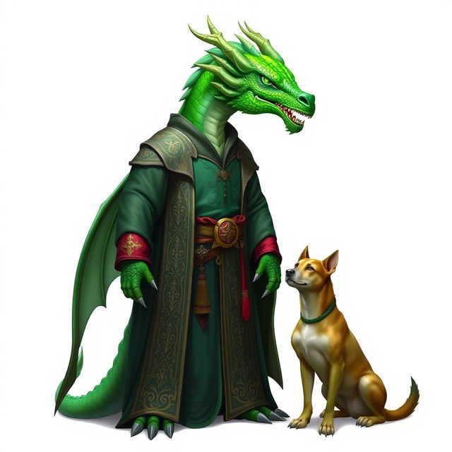 An emerald dragonborn cleric character featuring a striking dragon head with vibrant green scales and sharp claws for hands, dressed in ornate cleric robes that reflect its mystical nature