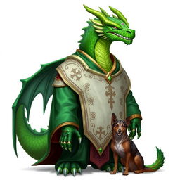 An emerald dragonborn cleric character featuring a striking dragon head with vibrant green scales and sharp claws for hands, dressed in ornate cleric robes that reflect its mystical nature