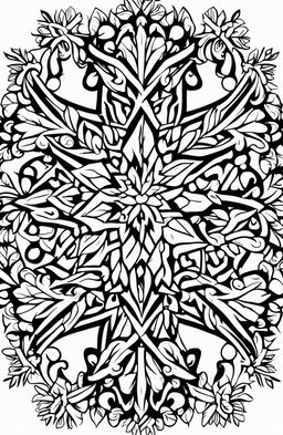 This is a high-quality, intricate snowflake design for a coloring book page, inspired by the style of artist Tim Jeffs