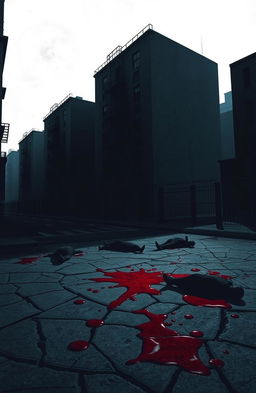 A dark and eerie urban scene featuring a series of ominous buildings casting long shadows