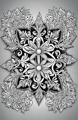 This is a high-quality, intricate snowflake design for a coloring book page, inspired by the style of artist Tim Jeffs