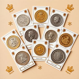 A beautifully designed collectible trading card set featuring images of intricate royal mint coins