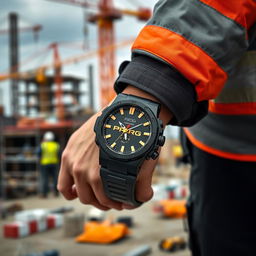 A construction worker wearing a tactical watch on their wrist, featuring a striking black and gold color scheme with the word 'PROG' prominently displayed on the dial