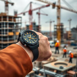 A construction worker wearing a tactical watch on their wrist, featuring a striking black and gold color scheme with the word 'PROG' prominently displayed on the dial