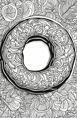 This is a coloring page featuring a detailed image of a donut, designed in the intricate style of Peta Hewitt