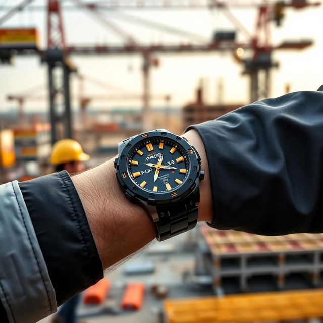 A construction worker wearing a tactical watch on their wrist, featuring a striking black and gold color scheme with the word 'PROG' prominently displayed on the dial