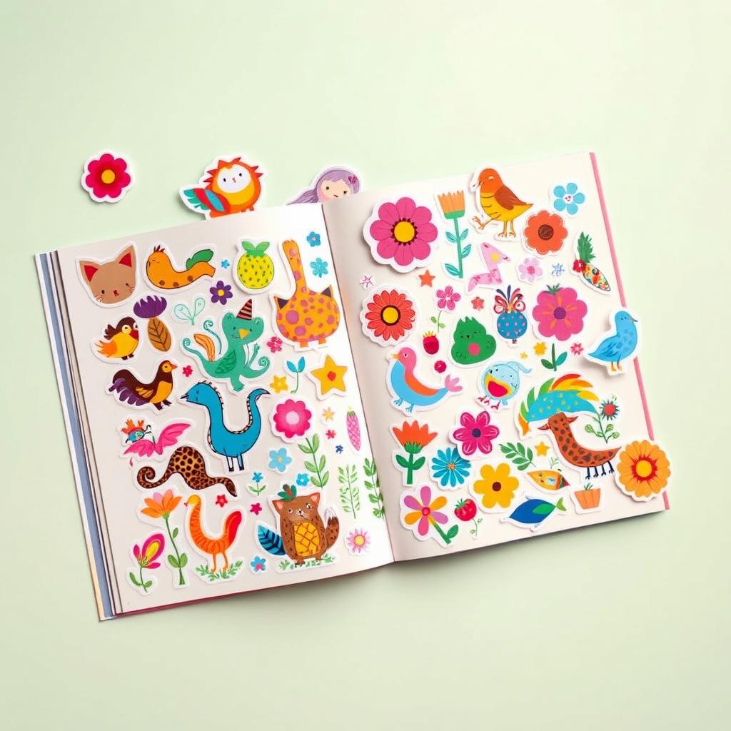 A vibrant and colorful sticker book spread open, showcasing a variety of collectible stickers in whimsical designs