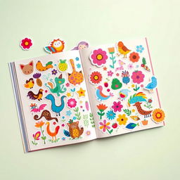 A vibrant and colorful sticker book spread open, showcasing a variety of collectible stickers in whimsical designs