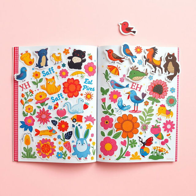 A vibrant and colorful sticker book spread open, showcasing a variety of collectible stickers in whimsical designs