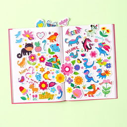 A vibrant and colorful sticker book spread open, showcasing a variety of collectible stickers in whimsical designs