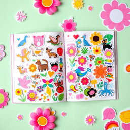 A vibrant and colorful sticker book spread open, showcasing a variety of collectible stickers in whimsical designs
