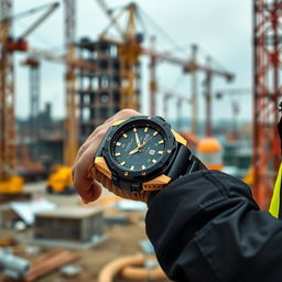 A construction worker wearing a tactical watch with a sleek black and gold design, prominently displaying the word 'PROG' on its dial