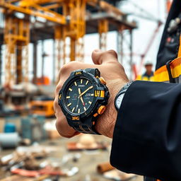 A construction worker wearing a tactical watch with a sleek black and gold design, prominently displaying the word 'PROG' on its dial