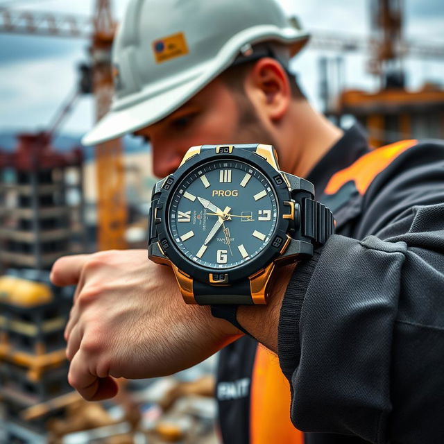 A construction worker wearing a tactical watch with a sleek black and gold design, prominently displaying the word 'PROG' on its dial