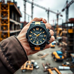 A construction worker wearing a tactical watch with a sleek black and gold design, prominently displaying the word 'PROG' on its dial