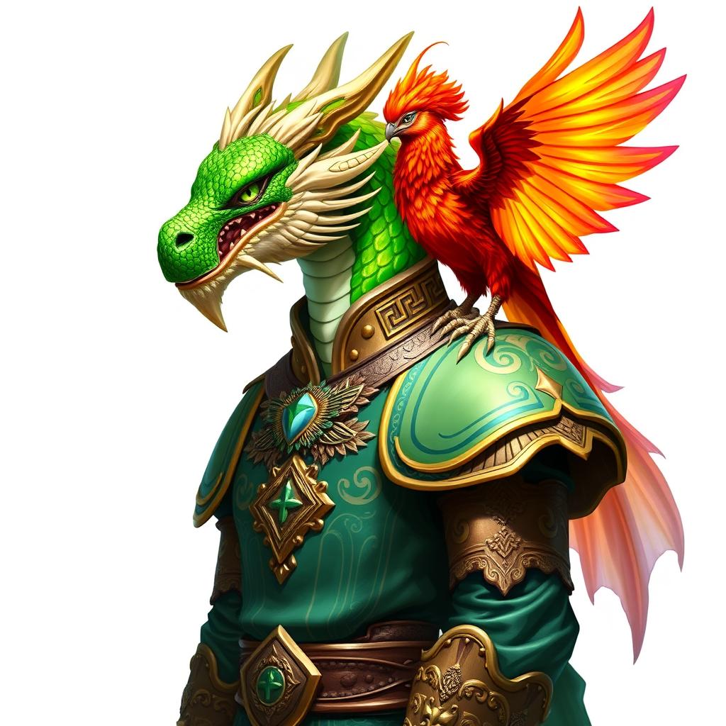 A majestic male emerald dragonborn cleric featuring a striking dragon head with vibrant green scales, dressed in ornate cleric robes that showcase intricate designs and symbols of spirituality