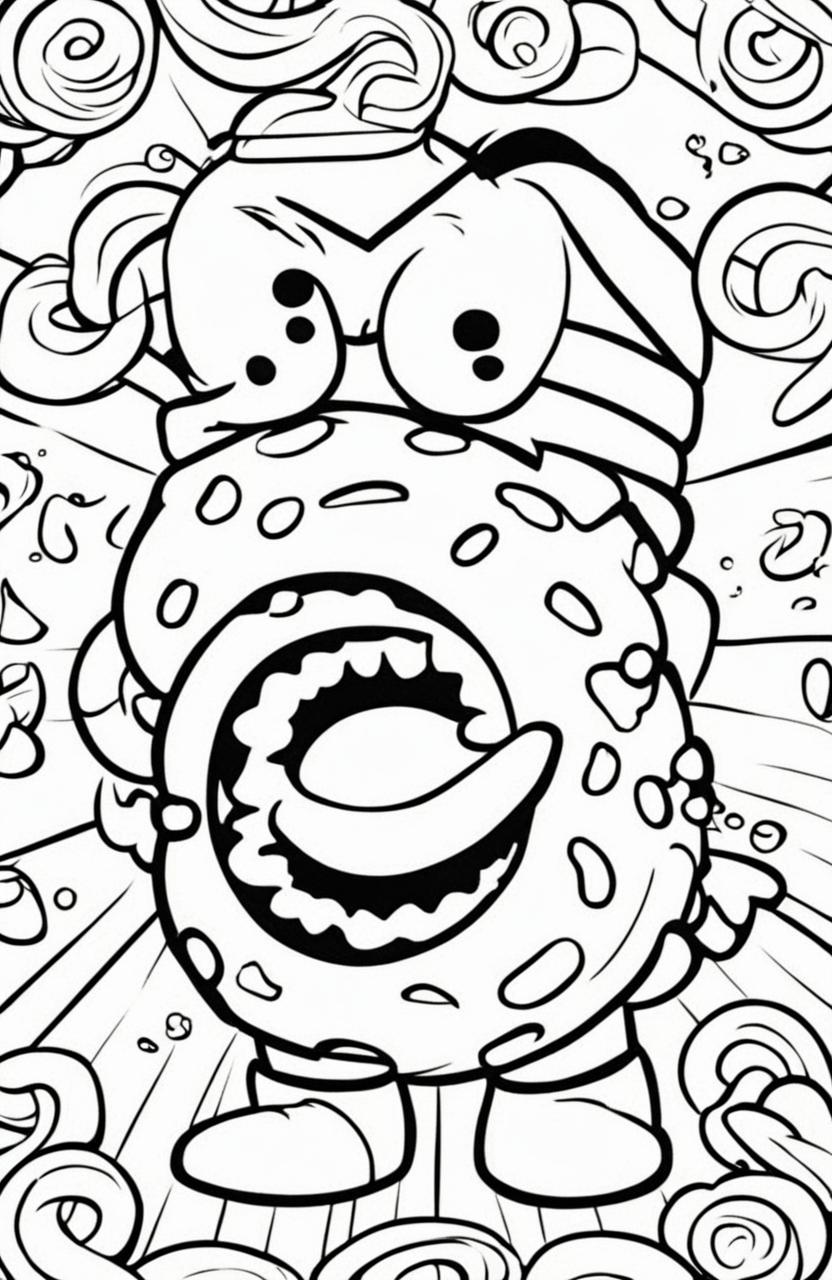 A high-quality, black and white coloring page featuring a large, cartoon-style donut in the style of The Simpsons