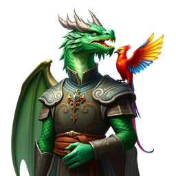 A majestic male emerald dragonborn cleric featuring a striking dragon head with vibrant green scales, dressed in ornate cleric robes that showcase intricate designs and symbols of spirituality