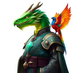 A majestic male emerald dragonborn cleric featuring a striking dragon head with vibrant green scales, dressed in ornate cleric robes that showcase intricate designs and symbols of spirituality