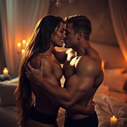 A steamy romantic scene between two attractive adults engaging in an intimate embrace, set in a dimly lit, luxurious bedroom filled with plush bedding and soft candlelight