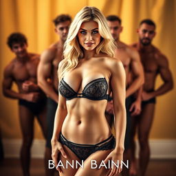 An alluring book cover featuring a stunning blonde woman wearing seductive lingerie, standing confidently in the foreground