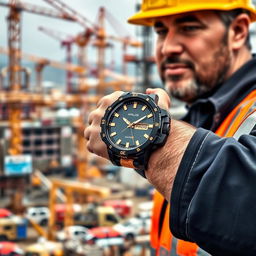 A construction worker wearing a tactical watch with a black and gold design, featuring the word 'PROG' displayed on the watch face