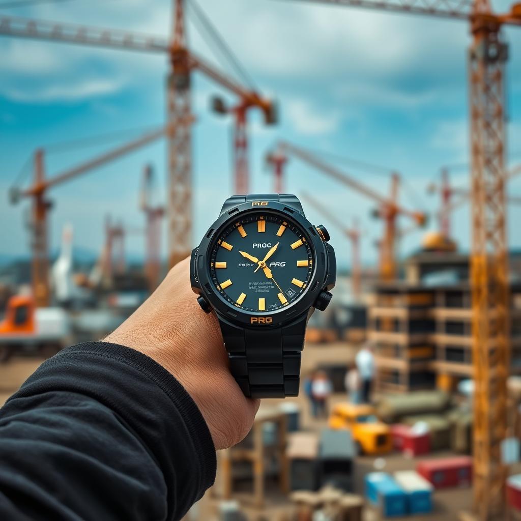 A construction worker wearing a tactical watch with a black and gold design, featuring the word 'PROG' displayed on the watch face