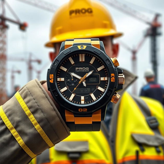 A construction worker wearing a tactical watch with a black and gold design, featuring the word 'PROG' displayed on the watch face