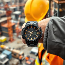 A construction worker wearing a tactical watch with a black and gold design, featuring the word 'PROG' displayed on the watch face