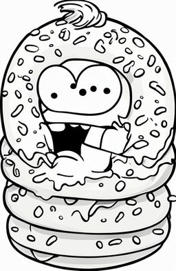 A high-quality, black and white coloring page featuring a large, cartoon-style donut in the style of The Simpsons