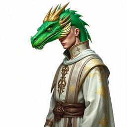 A striking male emerald dragonborn cleric featuring a detailed dragon head with vibrant green scales, dressed in elegant cleric robes that exhibit intricate designs and symbols of faith