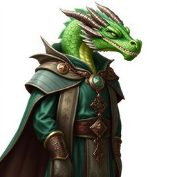 A striking male emerald dragonborn cleric featuring a detailed dragon head with vibrant green scales, dressed in elegant cleric robes that exhibit intricate designs and symbols of faith