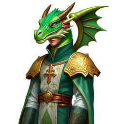 A striking male emerald dragonborn cleric featuring a detailed dragon head with vibrant green scales, dressed in elegant cleric robes that exhibit intricate designs and symbols of faith