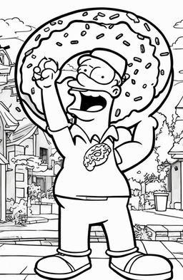 A high-quality, black and white coloring page featuring a large, cartoon-style donut in the style of The Simpsons