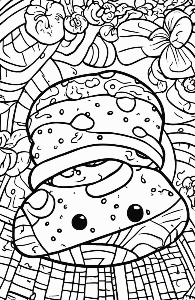 A high-quality, black and white coloring page featuring a large, cartoon-style donut in the style of The Simpsons