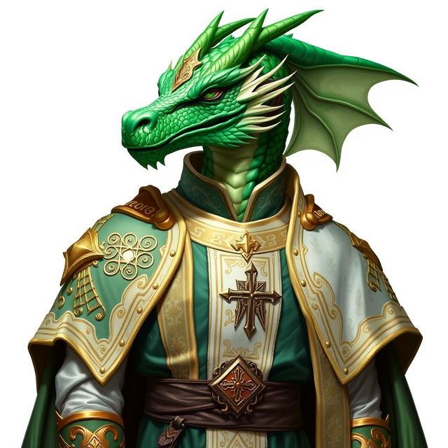 A striking male emerald dragonborn cleric featuring a detailed dragon head with vibrant green scales, dressed in elegant cleric robes that exhibit intricate designs and symbols of faith