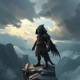 A rogue Aarakocra character with sleek feathers and a mysterious, adventurous expression, standing confidently on a rocky cliff edge