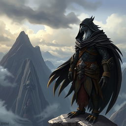 A rogue Aarakocra character with sleek feathers and a mysterious, adventurous expression, standing confidently on a rocky cliff edge