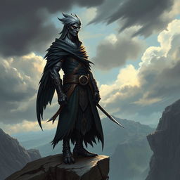 A rogue Aarakocra character with sleek feathers and a mysterious, adventurous expression, standing confidently on a rocky cliff edge